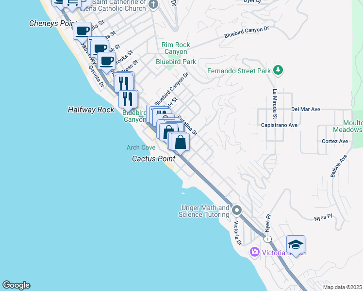 map of restaurants, bars, coffee shops, grocery stores, and more near 260 Diamond Street in Laguna Beach
