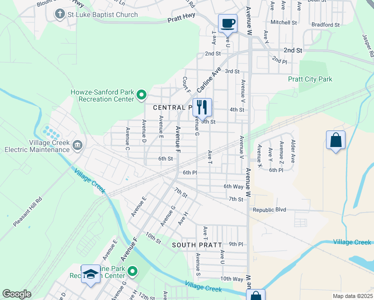 map of restaurants, bars, coffee shops, grocery stores, and more near 613 5th Place Pratt in Birmingham