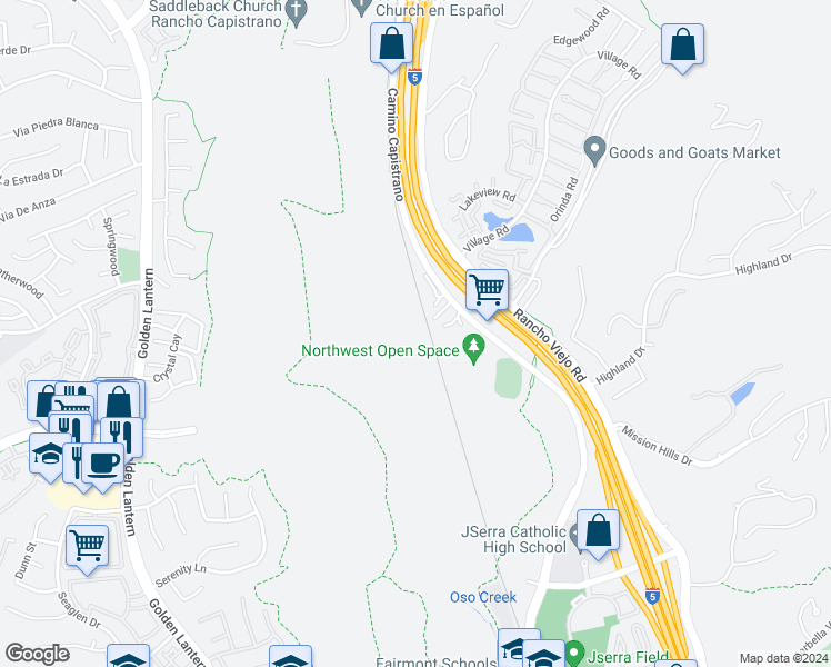 map of restaurants, bars, coffee shops, grocery stores, and more near 29931 Camino Capistrano in San Juan Capistrano