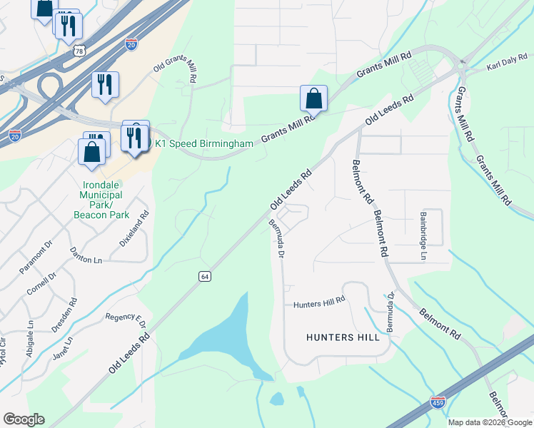 map of restaurants, bars, coffee shops, grocery stores, and more near 5601 Old Leeds Road in Irondale