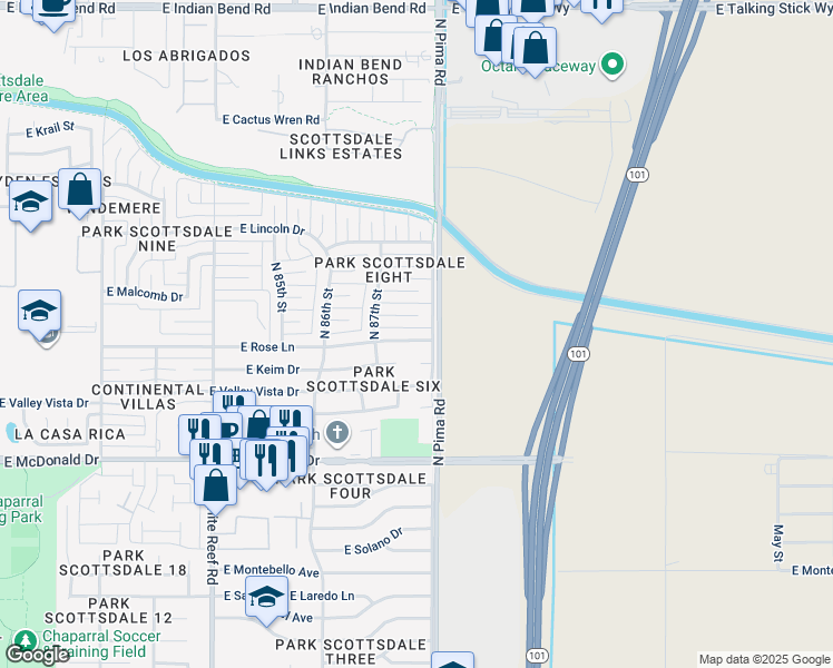 map of restaurants, bars, coffee shops, grocery stores, and more near 8732 East Rose Lane in Scottsdale