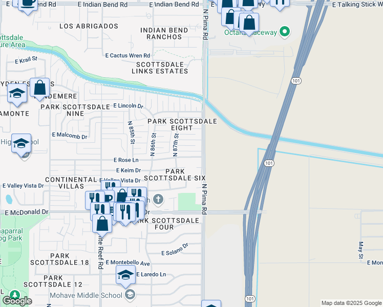 map of restaurants, bars, coffee shops, grocery stores, and more near 8732 East Rose Lane in Scottsdale