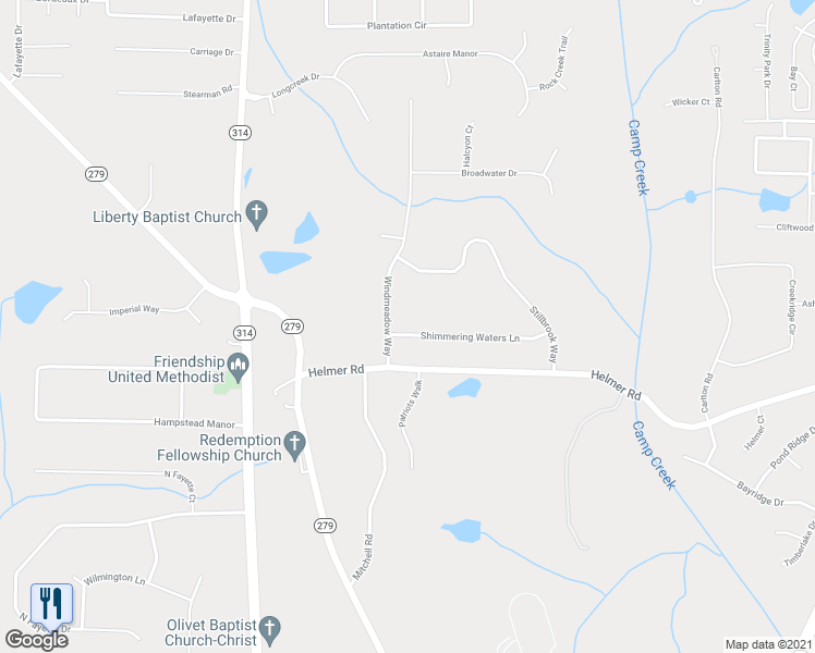 map of restaurants, bars, coffee shops, grocery stores, and more near 102 Shimmering Waters Lane in Fayetteville