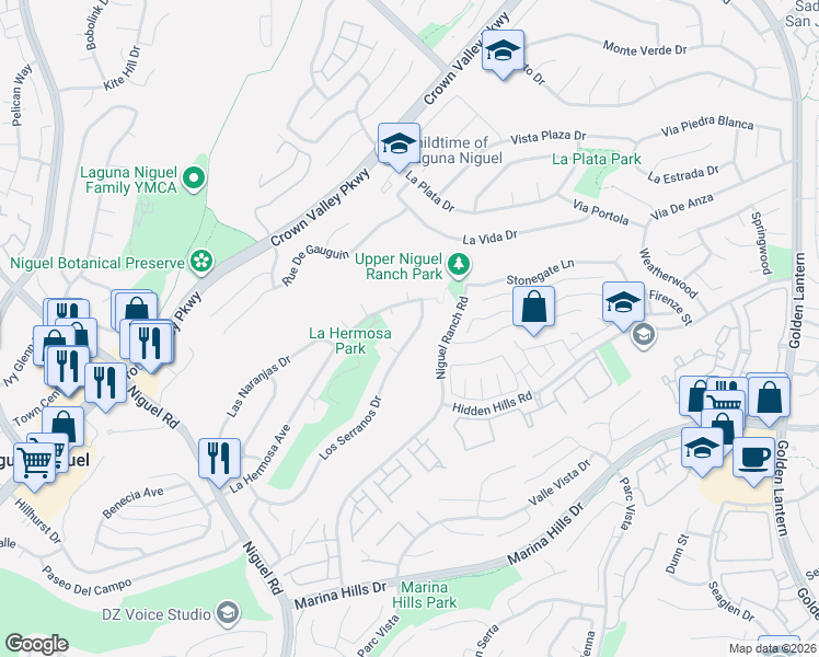 map of restaurants, bars, coffee shops, grocery stores, and more near 24625 Los Serranos Drive in Laguna Niguel