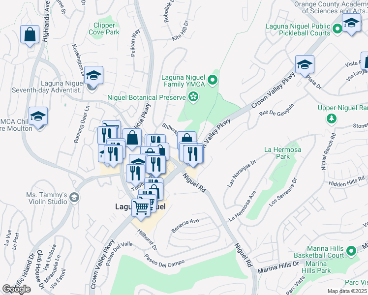 map of restaurants, bars, coffee shops, grocery stores, and more near 23961 Stillwater Lane in Laguna Niguel