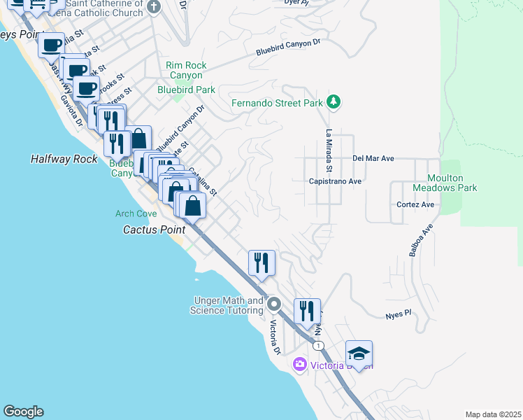 map of restaurants, bars, coffee shops, grocery stores, and more near 2210 Crestview Drive in Laguna Beach
