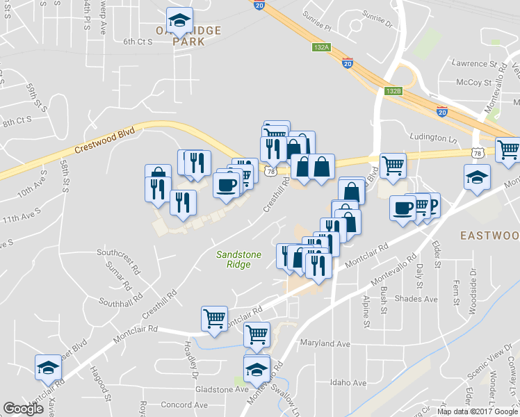 map of restaurants, bars, coffee shops, grocery stores, and more near 1616 Cresthill Road in Birmingham