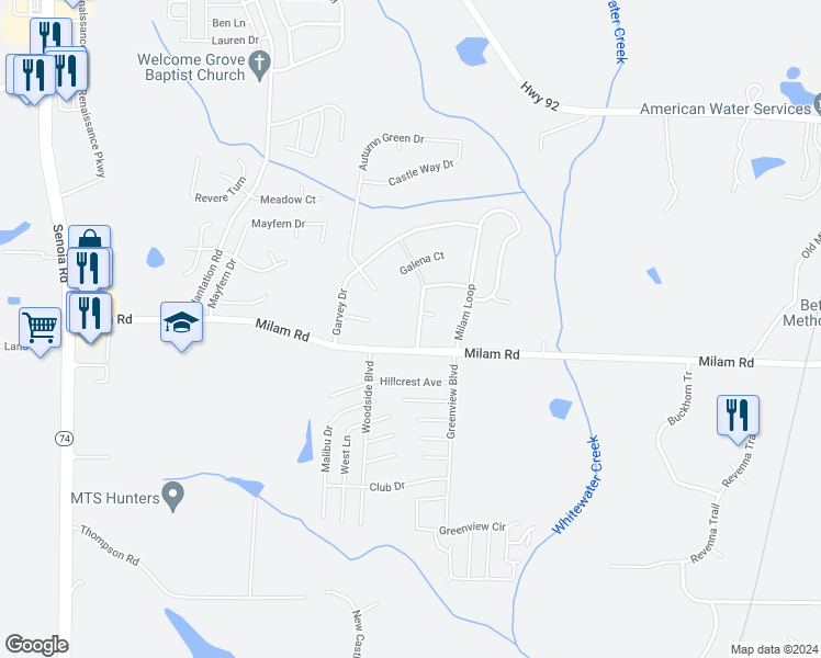 map of restaurants, bars, coffee shops, grocery stores, and more near 8375 Gledstone Way in Fairburn