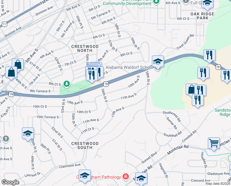 map of restaurants, bars, coffee shops, grocery stores, and more near 5625 10th Avenue South in Birmingham