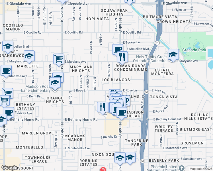 map of restaurants, bars, coffee shops, grocery stores, and more near 6215 North 14th Place in Phoenix
