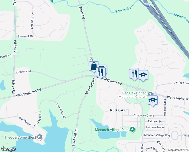 map of restaurants, bars, coffee shops, grocery stores, and more near 3590 Walt Stephens Road in Stockbridge