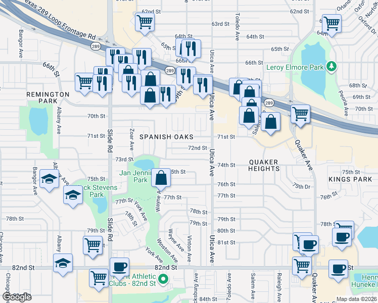 map of restaurants, bars, coffee shops, grocery stores, and more near 4817 72nd Street in Lubbock