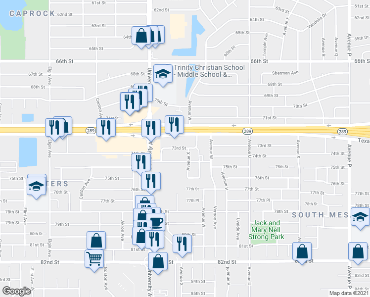 map of restaurants, bars, coffee shops, grocery stores, and more near 2403 73rd Street in Lubbock