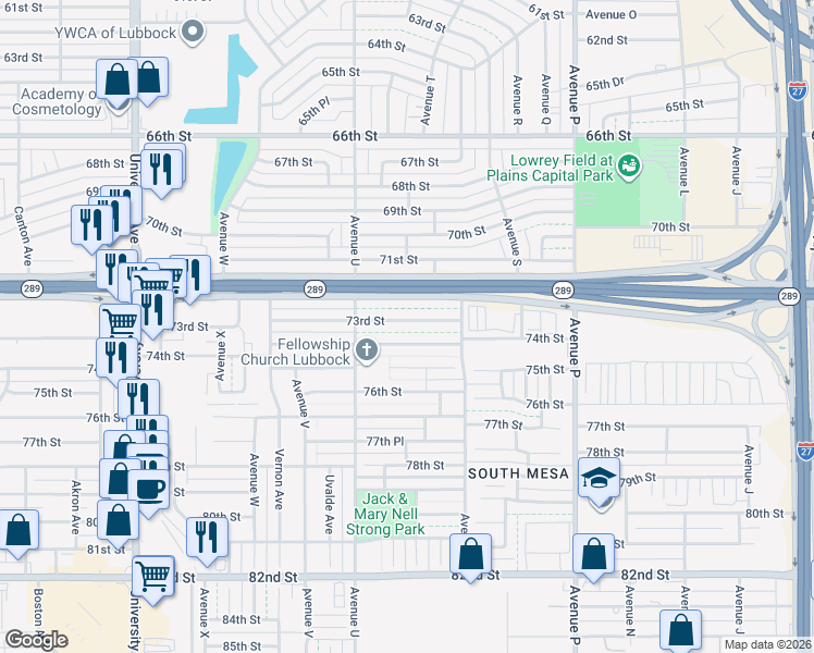 map of restaurants, bars, coffee shops, grocery stores, and more near 1913 73rd Street in Lubbock