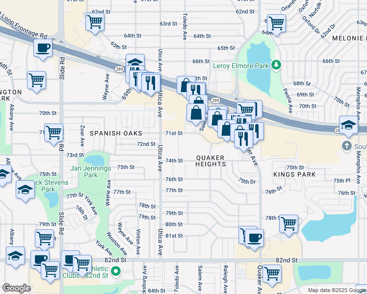 map of restaurants, bars, coffee shops, grocery stores, and more near 4601 71st Street in Lubbock
