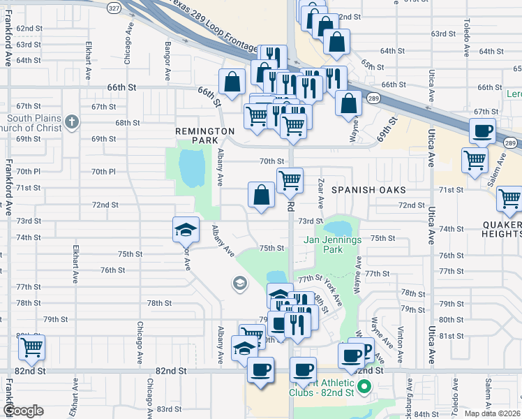 map of restaurants, bars, coffee shops, grocery stores, and more near 7100 Slide Road in Lubbock