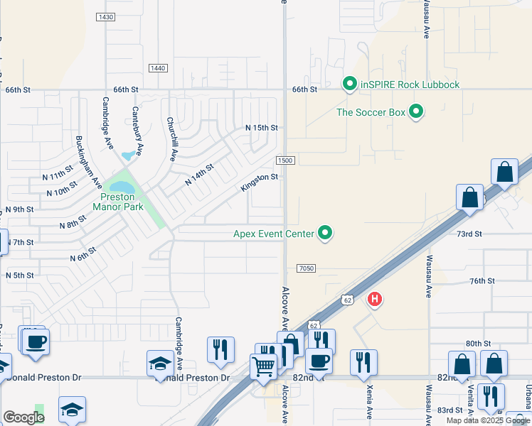 map of restaurants, bars, coffee shops, grocery stores, and more near 1222 Preston Trails in Wolfforth