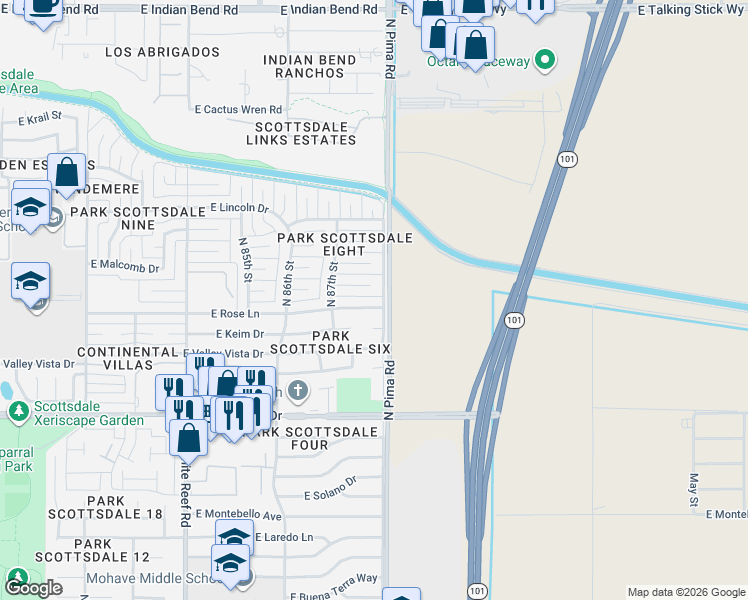 map of restaurants, bars, coffee shops, grocery stores, and more near 8732 East Rose Lane in Scottsdale