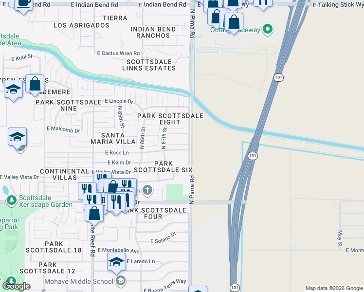 map of restaurants, bars, coffee shops, grocery stores, and more near 8732 East Rose Lane in Scottsdale
