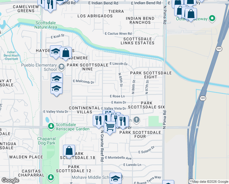 map of restaurants, bars, coffee shops, grocery stores, and more near 8483 East Malcomb Drive in Scottsdale