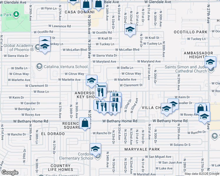 map of restaurants, bars, coffee shops, grocery stores, and more near 6230 North 33rd Avenue in Phoenix