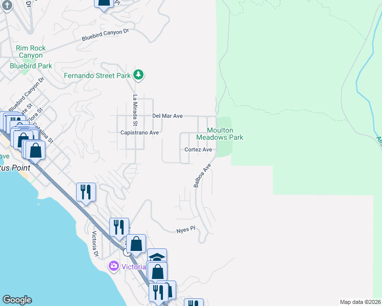 map of restaurants, bars, coffee shops, grocery stores, and more near 883 Santa Ana Street in Laguna Beach