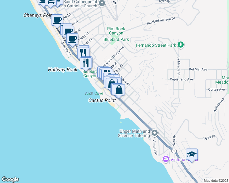 map of restaurants, bars, coffee shops, grocery stores, and more near 260 Diamond Street in Laguna Beach
