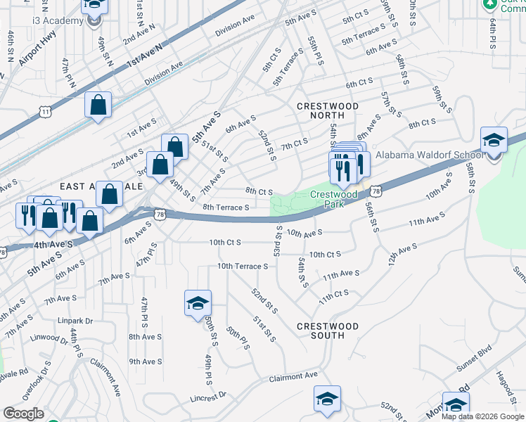 map of restaurants, bars, coffee shops, grocery stores, and more near 5117 8th Terrace South in Birmingham