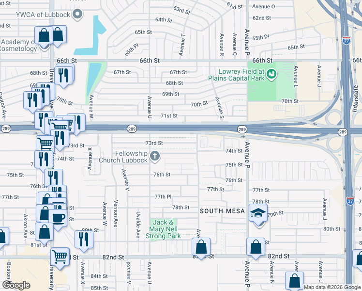 map of restaurants, bars, coffee shops, grocery stores, and more near 1913 73rd Street in Lubbock