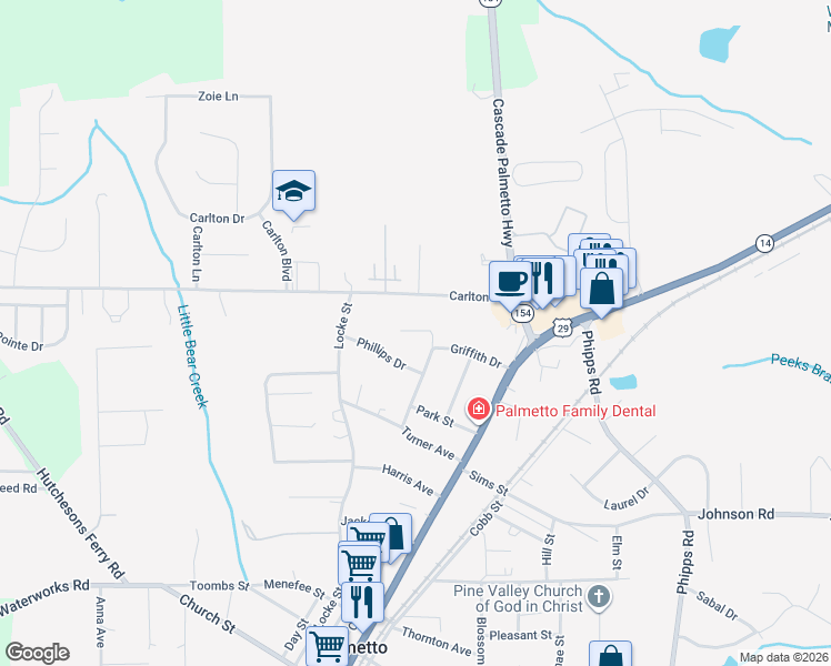 map of restaurants, bars, coffee shops, grocery stores, and more near 506 Past Street in Palmetto