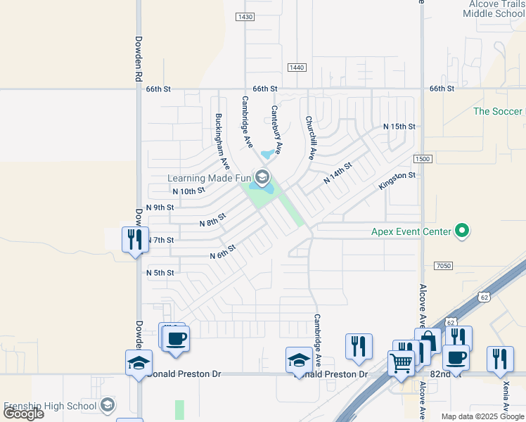 map of restaurants, bars, coffee shops, grocery stores, and more near 607 Buckingham Avenue in Wolfforth