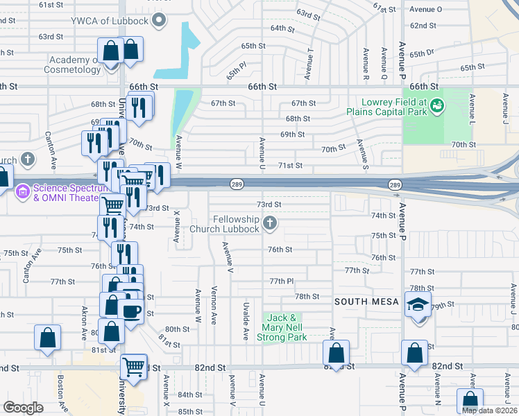 map of restaurants, bars, coffee shops, grocery stores, and more near 2101 73rd Street in Lubbock