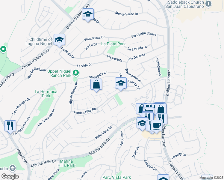 map of restaurants, bars, coffee shops, grocery stores, and more near 25061 Sanoria Street in Laguna Niguel