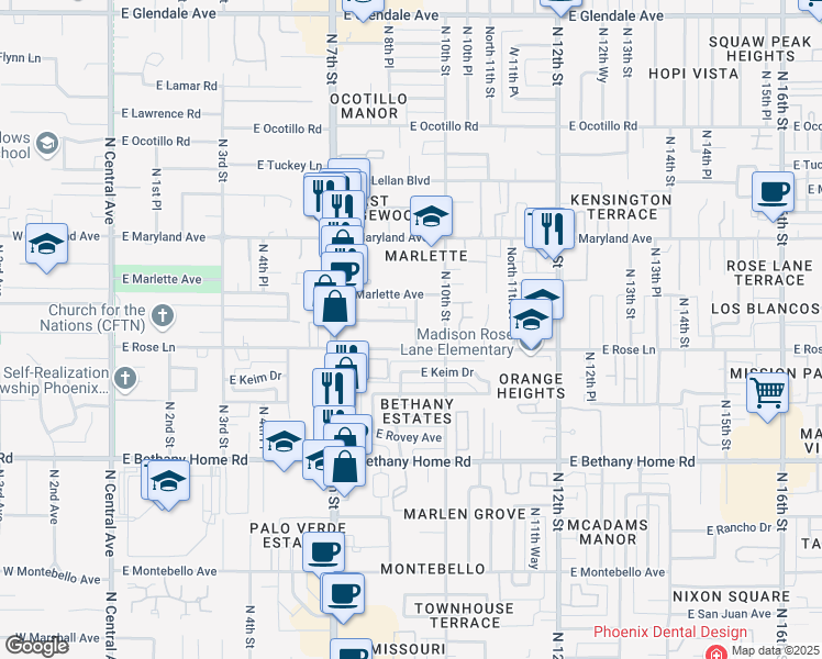 map of restaurants, bars, coffee shops, grocery stores, and more near 907 East Claremont Street in Phoenix