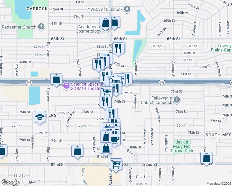 map of restaurants, bars, coffee shops, grocery stores, and more near 7301 University Avenue in Lubbock