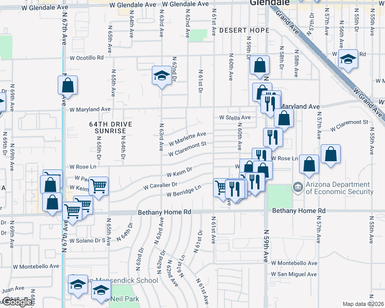 map of restaurants, bars, coffee shops, grocery stores, and more near 6138 West Rose Lane in Glendale