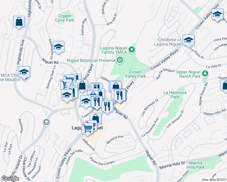 map of restaurants, bars, coffee shops, grocery stores, and more near 23961 Stillwater Lane in Laguna Niguel