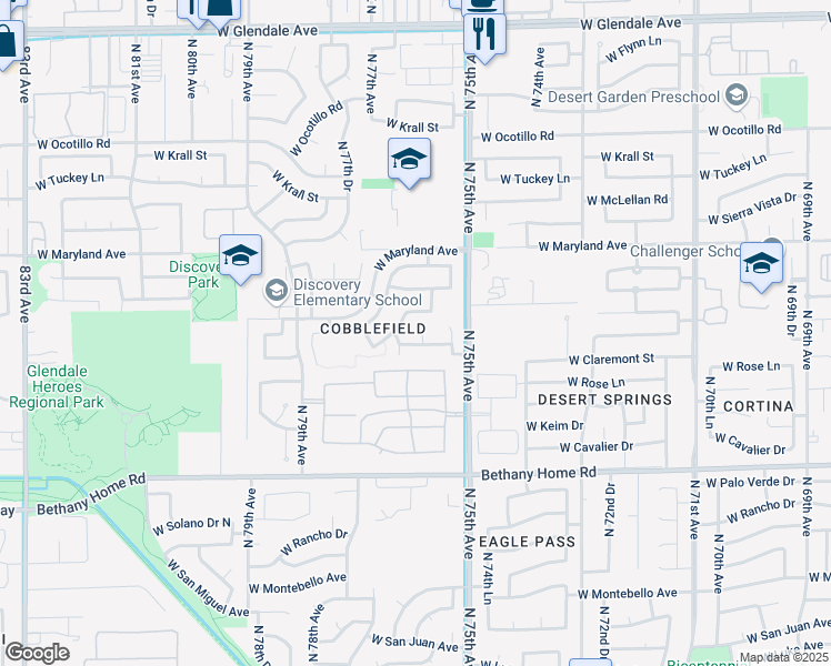 map of restaurants, bars, coffee shops, grocery stores, and more near 6270 North 75th Lane in Glendale