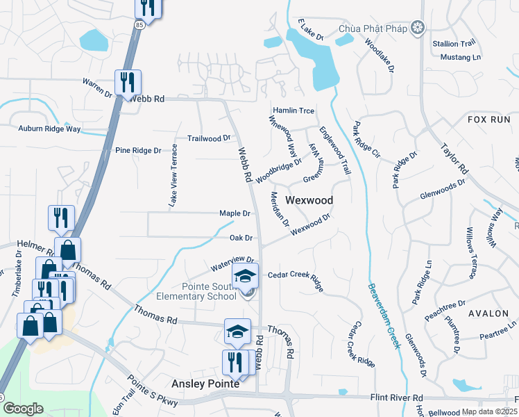 map of restaurants, bars, coffee shops, grocery stores, and more near 8308 Webb Road in Riverdale