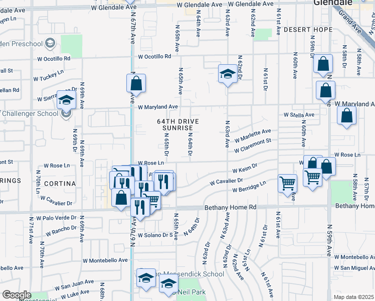 map of restaurants, bars, coffee shops, grocery stores, and more near 6218 North 64th Drive in Glendale