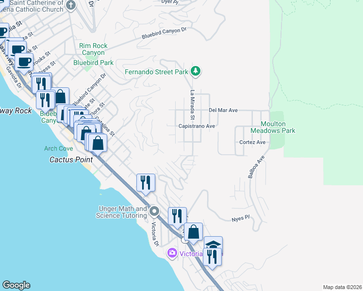 map of restaurants, bars, coffee shops, grocery stores, and more near 875 Katella Street in Laguna Beach