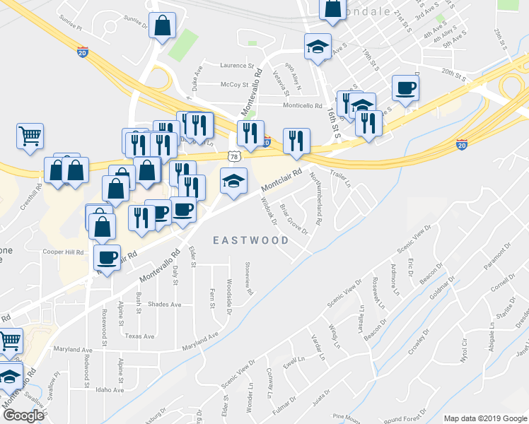map of restaurants, bars, coffee shops, grocery stores, and more near 1797 Briar Meadow Road in Irondale
