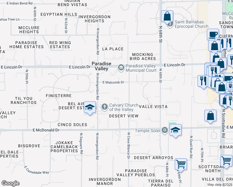 map of restaurants, bars, coffee shops, grocery stores, and more near 6136 North Kachina Lane in Paradise Valley