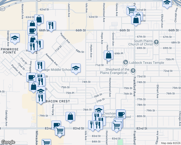 map of restaurants, bars, coffee shops, grocery stores, and more near 6033 72nd Street in Lubbock