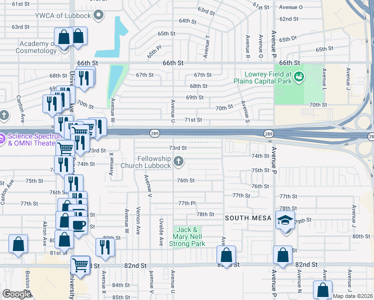 map of restaurants, bars, coffee shops, grocery stores, and more near 1929 73rd Street in Lubbock