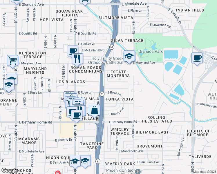 map of restaurants, bars, coffee shops, grocery stores, and more near 1811 East Claremont Street in Phoenix