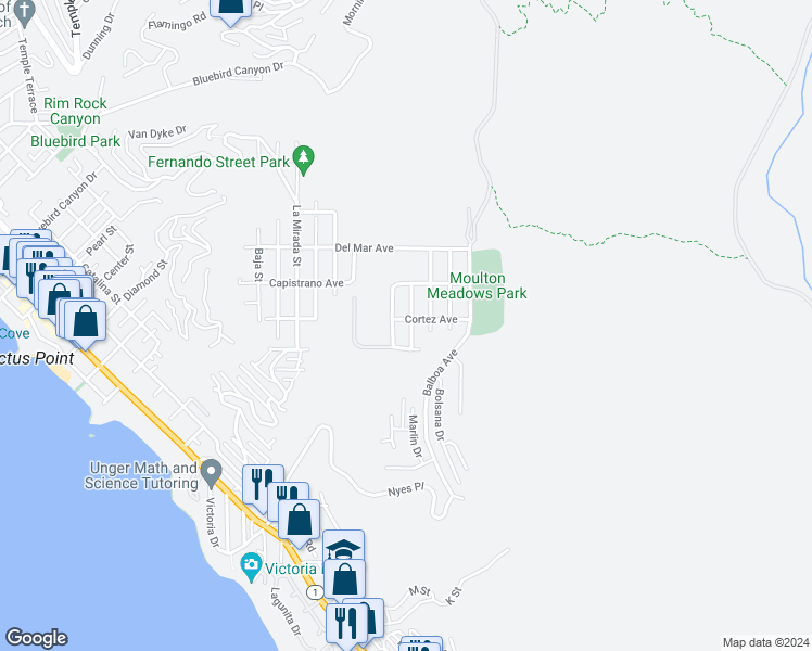 map of restaurants, bars, coffee shops, grocery stores, and more near 883 Acapulco Street in Laguna Beach