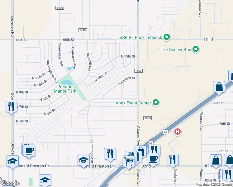 map of restaurants, bars, coffee shops, grocery stores, and more near 1103 Preston Trail in Wolfforth