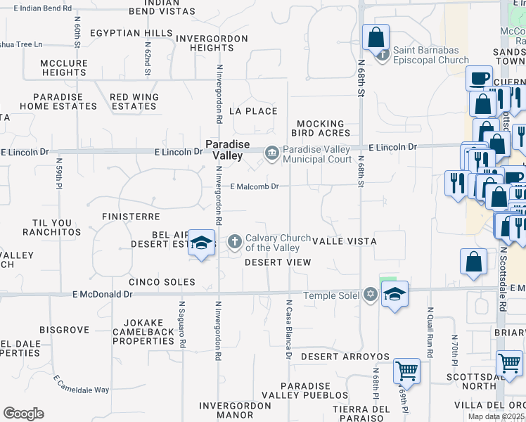 map of restaurants, bars, coffee shops, grocery stores, and more near 6136 North Kachina Lane in Paradise Valley