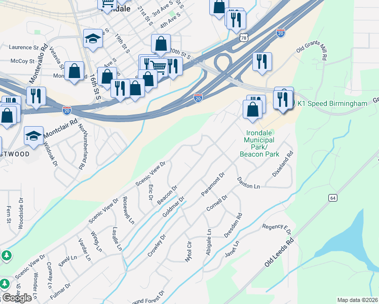 map of restaurants, bars, coffee shops, grocery stores, and more near 5217 Scenic View Drive in Irondale